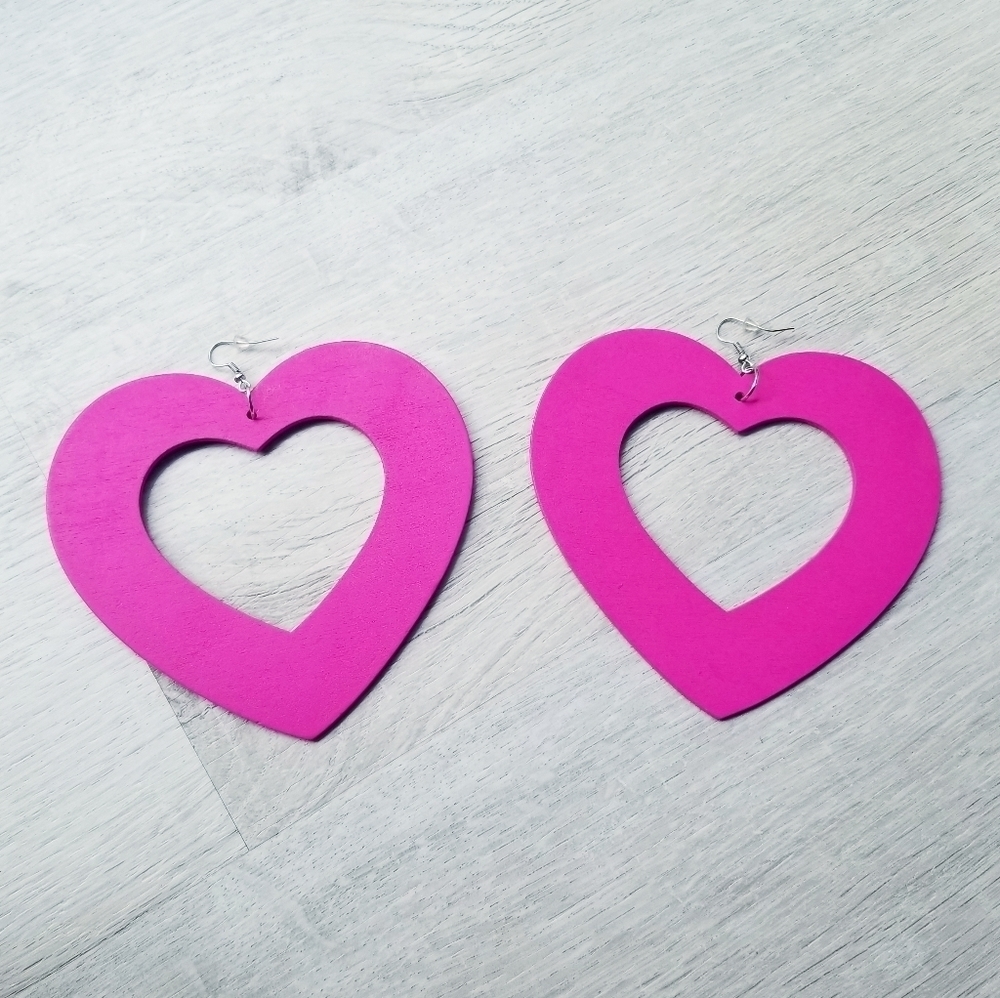 "BUNDLES ONLY" Huge Heart Wooden Painted Dangle Earrings